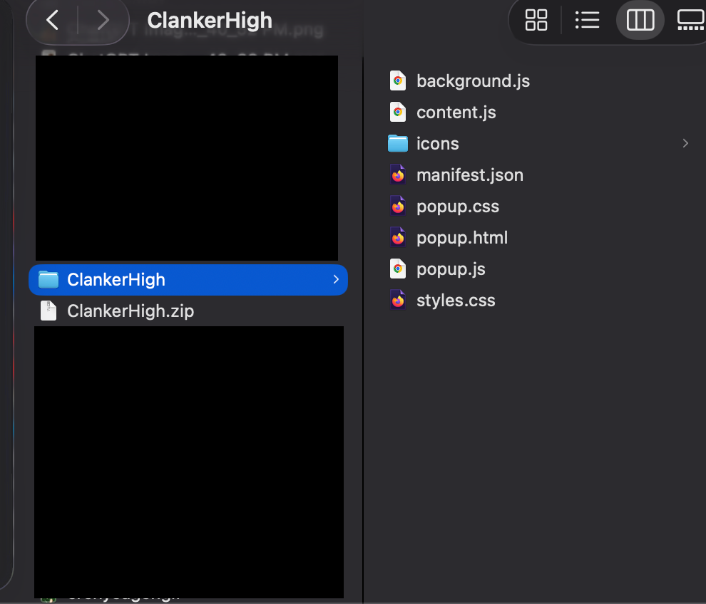A Finder window showing the unzipped ClankerHigh folder next to ClankerHigh.zip, with background.js, content.js, icons, manifest.json and the popup files inside.