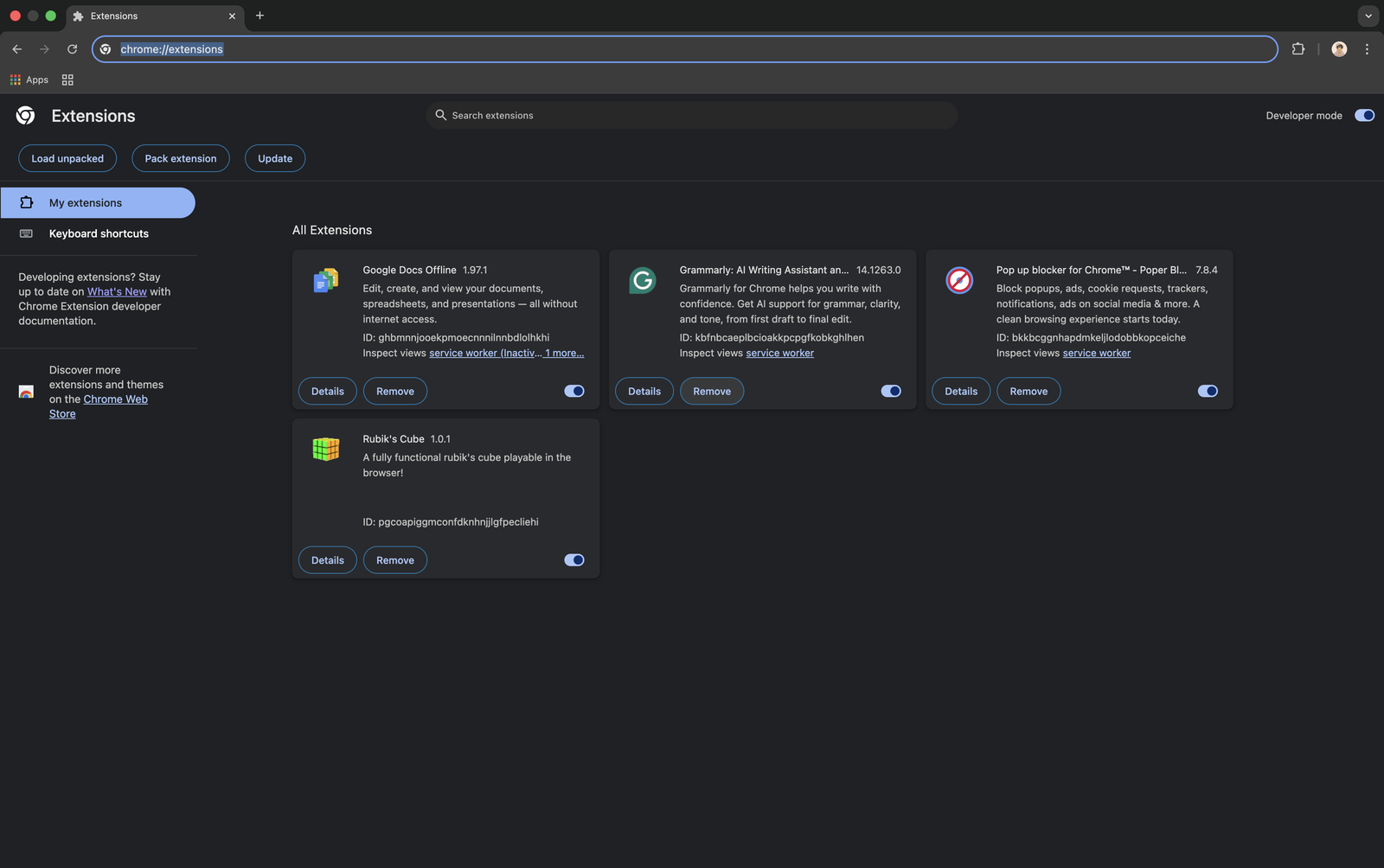 The Chrome extensions page, with the Developer mode switch in the top right and the Load unpacked button in the top left.